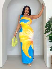 Veslaya Plus Size Slim Fit Long Casual Sexy Western Shoulder Print Vacation Dress, Spring/Summer Vacation Wedding Guest Yellow - Blue - View 7