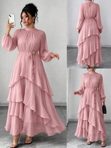Velvienne Women's Plus Size Elegant Waist-Cinching Party Dress, Ruffle Design Party Dress, Party Gathering Dress - Dusty Pink - View 3