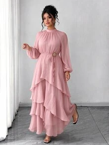 Velvienne Women's Plus Size Elegant Waist-Cinching Party Dress, Ruffle Design Party Dress, Party Gathering Dress - Dusty Pink - View 4