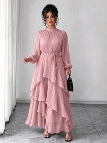 Velvienne Women's Plus Size Elegant Waist-Cinching Party Dress, Ruffle Design Party Dress, Party Gathering Dress - Dusty Pink - View 8