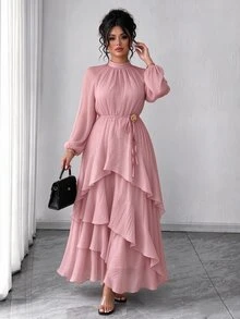 Velvienne Women's Plus Size Elegant Waist-Cinching Party Dress, Ruffle Design Party Dress, Party Gathering Dress - Dusty Pink - View 6