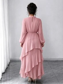 Velvienne Women's Plus Size Elegant Waist-Cinching Party Dress, Ruffle Design Party Dress, Party Gathering Dress - Dusty Pink - View 2