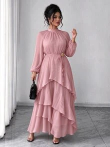 Velvienne Women's Plus Size Elegant Waist-Cinching Party Dress, Ruffle Design Party Dress, Party Gathering Dress - Dusty Pink - View 7