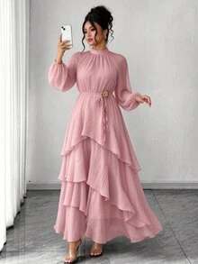 Velvienne Women's Plus Size Elegant Waist-Cinching Party Dress, Ruffle Design Party Dress, Party Gathering Dress - Dusty Pink - View 1