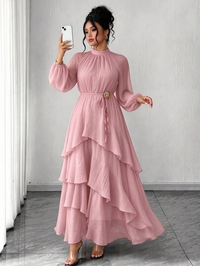 Velvienne Women's Plus Size Elegant Waist-Cinching Party Dress, Ruffle Design Party Dress, Party Gathering Dress