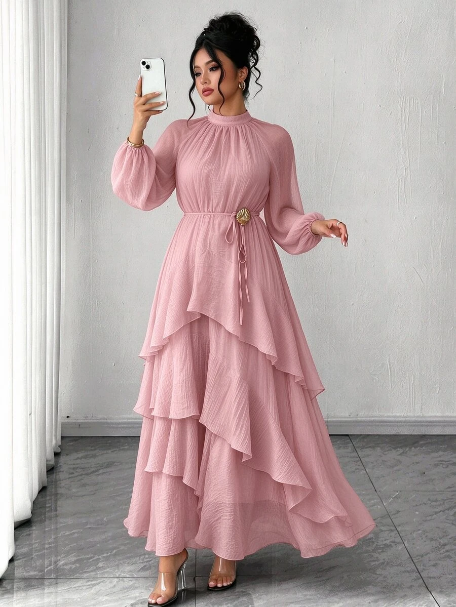 Velvienne Women's Plus Size Elegant Waist-Cinching Party Dress, Ruffle Design Party Dress, Party Gathering Dress - Dusty Pink - View 1