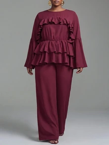 Veslaya 2026 Fall Women's Plus Size Elegant Classic Vintage Burgundy Loose Lace Long Bell Sleeve Set Formal Dinner Party Evening - Burgundy - View 5