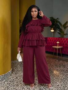 Veslaya 2026 Fall Women's Plus Size Elegant Classic Vintage Burgundy Loose Lace Long Bell Sleeve Set Formal Dinner Party Evening - Burgundy - View 1