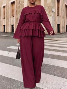 Veslaya 2026 Fall Women's Plus Size Elegant Classic Vintage Burgundy Loose Lace Long Bell Sleeve Set Formal Dinner Party Evening - Burgundy - View 8