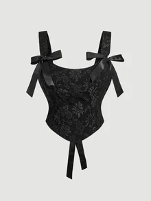 SHEIN MOD Plus Size Women Floral Jacquard Black Camisole Tank Top,Valentine's Day - Black - View 2