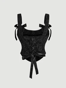 SHEIN MOD Plus Size Women Floral Jacquard Black Camisole Tank Top,Valentine's Day - Black - View 3