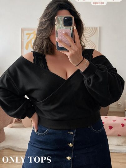 SHEIN MOD Plus Size Women's Solid Color Contrast Lace Off-Shoulder Long Sleeve Sweatshirt Fall