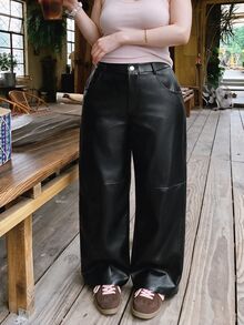 SHEIN MOD Plus Size Black Button Design Side Pocket Leather Straight Pants, Winter - Black - View 6