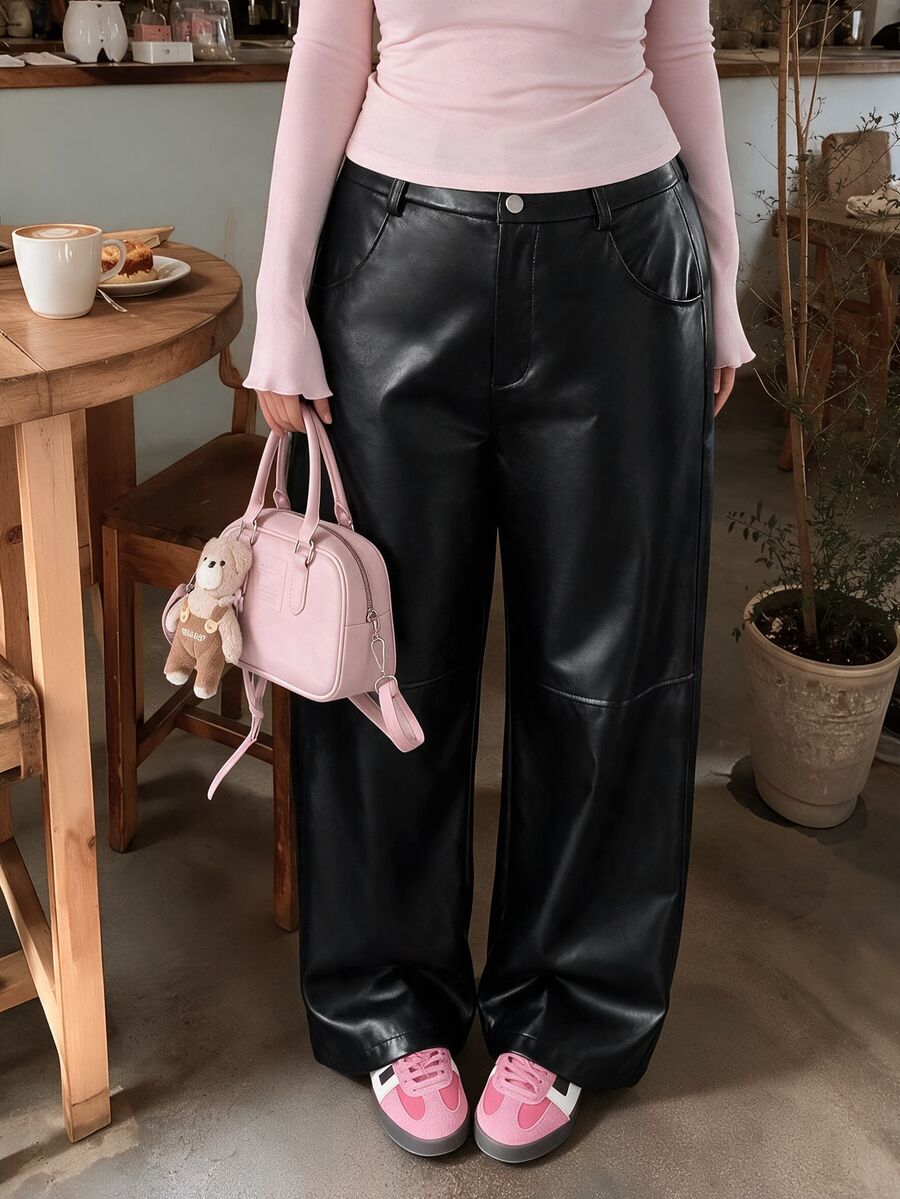 SHEIN MOD Plus Size Black Button Design Side Pocket Leather Straight Pants, Winter - Black - View 1