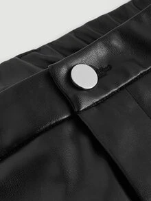 SHEIN MOD Plus Size Black Button Design Side Pocket Leather Straight Pants, Winter - Black - View 4