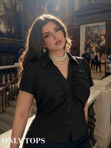 SHEIN MOD Plus Size Women Black V Neck Short Sleeve Blouse Elegant Summer Formal Office Dinner Work Button Down Shirt Waist Cinched Ruched Bodice Puff Shoulder - Black - View 1