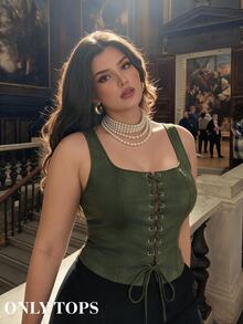 SHEIN MOD Plus Size Women 1950s Vintage Eyelet Lace-Up Dark Green Tank Tops,Smudged Distressed Autumn Top,Night Out Club,Casual,Western,Concert,Business,Work - Army Green - View 4