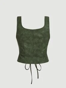 SHEIN MOD Plus Size Women 1950s Vintage Eyelet Lace-Up Dark Green Tank Tops,Smudged Distressed Autumn Top,Night Out Club,Casual,Western,Concert,Business,Work - Army Green - View 3
