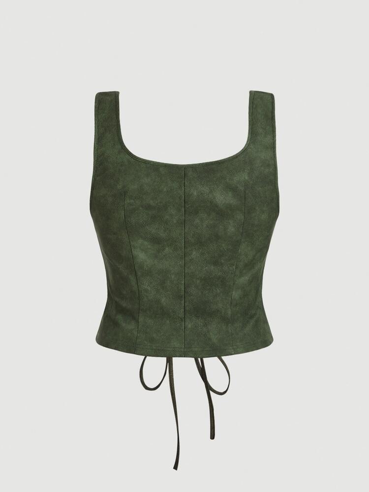 SHEIN MOD Plus Size Women 1950s Vintage Eyelet Lace-Up Dark Green Tank Tops,Smudged Distressed Autumn Top,Night Out Club,Casual,Western,Concert,Business,Work - Army Green - View 3