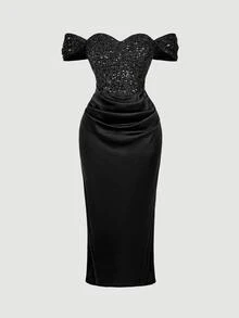 SHEIN MOD Plus Size Women's Black Sequin Off-Shoulder Slit Dress, Summer Elegant Sexy Formal Cocktail Dinner Evening Gown, Wedding Guest Homecoming Prom - Black - View 2
