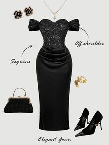 SHEIN MOD Plus Size Women's Black Sequin Off-Shoulder Slit Dress, Summer Elegant Sexy Formal Cocktail Dinner Evening Gown, Wedding Guest Homecoming Prom - Black - View 6