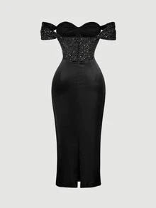SHEIN MOD Plus Size Women's Black Sequin Off-Shoulder Slit Dress, Summer Elegant Sexy Formal Cocktail Dinner Evening Gown, Wedding Guest Homecoming Prom - Black - View 3