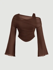 SHEIN MOD بلوزة تي شيرت كبيرة الحجم من شبكة شفافة أسيمتري 2 في 1 ذات كتف واحد - بني - مشاهدة 2