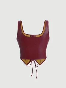SHEIN MOD Plus Size Women's Eyelet Buttons Asymmetrical Hem Front Tie Matte Premium Leather Tank Top, Top Wearable Inside And Outside - Burgundy - View 3
