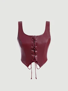 SHEIN MOD Plus Size Women's Eyelet Buttons Asymmetrical Hem Front Tie Matte Premium Leather Tank Top, Top Wearable Inside And Outside - Burgundy - View 2