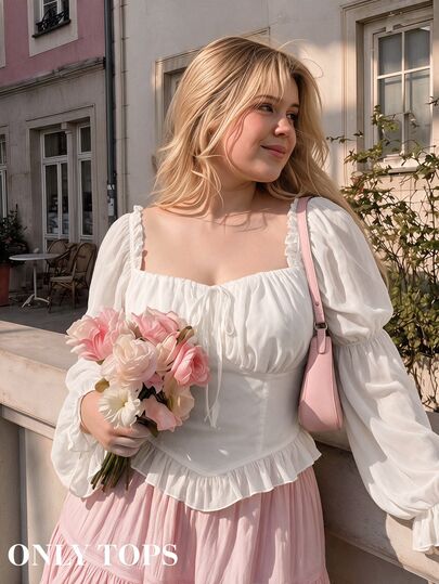 SHEIN MOD Plus Size Vintage Women'S Sweetheart Neckline Shirt With Ruffled Sleeves Elegant Women's Blouses Fall Pleat Maximalist