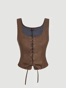 SHEIN MOD Top de tirantes retro con cordones y ojetes de color verde militar talla grande - Marrón - Ver 2