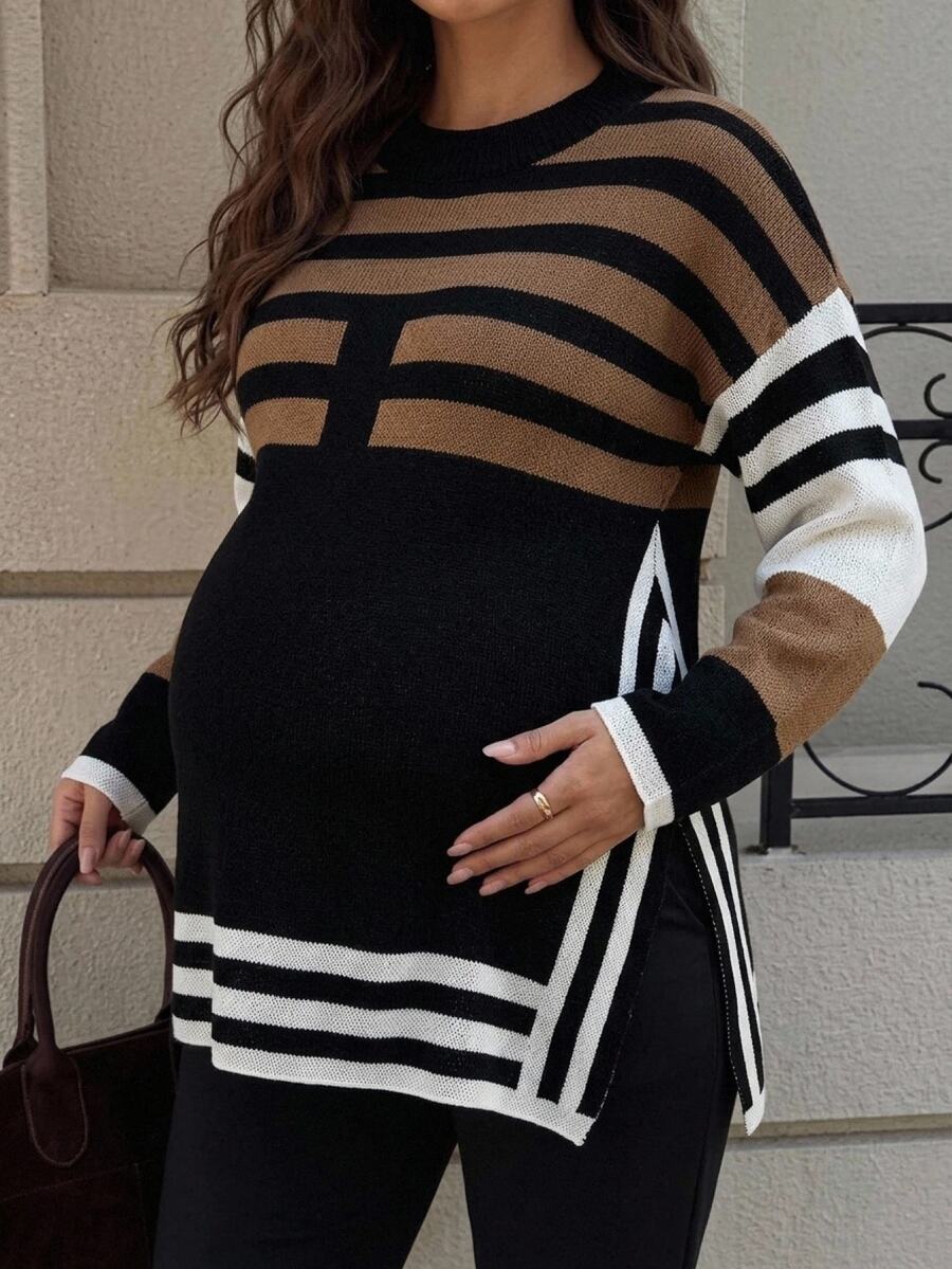 MaterniWear Maternity Casual Colorblock Striped Side Slit Sweater, Autumn/Winter Winter Outfit For Women - Multicolor - View 1