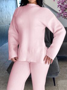 Vassilux Women's Casual Solid Color Knitted Sweater And Pants 2 Pieces Set, Autumn/Winter - Baby Pink - View 3