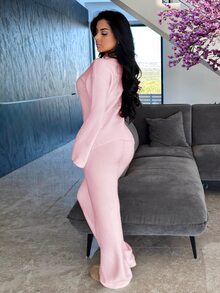 Vassilux Women's Casual Solid Color Knitted Sweater And Pants 2 Pieces Set, Autumn/Winter - Baby Pink - View 4