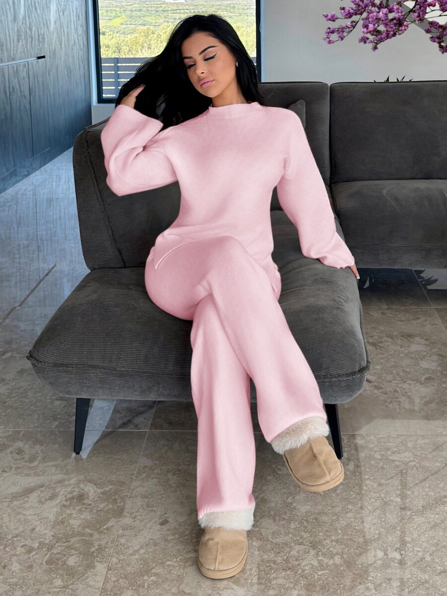 Vassilux Women's Casual Solid Color Knitted Sweater And Pants 2 Pieces Set, Autumn/Winter - Baby Pink - View 1