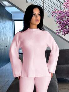 Vassilux Women's Casual Solid Color Knitted Sweater And Pants 2 Pieces Set, Autumn/Winter - Baby Pink - View 5