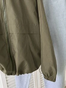 SHEIN 青少年女孩休閒秋季拉鍊連帽外套，長袖梭織街頭風口袋外套，附抽繩下擺，適合徒步，秋冬穿著 - 軍綠色 - 查看 5