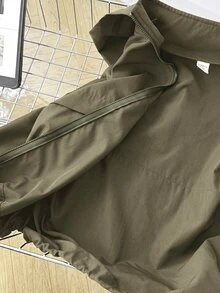SHEIN 青少年女孩休閒秋季拉鍊連帽外套，長袖梭織街頭風口袋外套，附抽繩下擺，適合徒步，秋冬穿著 - 軍綠色 - 查看 9