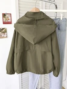 SHEIN 青少年女孩休閒秋季拉鍊連帽外套，長袖梭織街頭風口袋外套，附抽繩下擺，適合徒步，秋冬穿著 - 軍綠色 - 查看 2