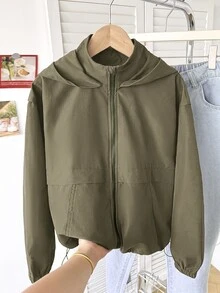 SHEIN 青少年女孩休閒秋季拉鍊連帽外套，長袖梭織街頭風口袋外套，附抽繩下擺，適合徒步，秋冬穿著 - 軍綠色 - 查看 7