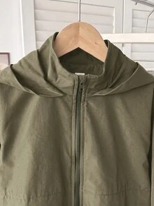 SHEIN 青少年女孩休閒秋季拉鍊連帽外套，長袖梭織街頭風口袋外套，附抽繩下擺，適合徒步，秋冬穿著 - 軍綠色 - 查看 4
