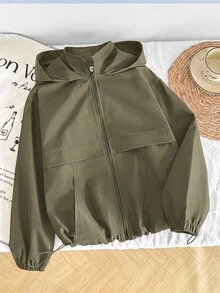 SHEIN 青少年女孩休閒秋季拉鍊連帽外套，長袖梭織街頭風口袋外套，附抽繩下擺，適合徒步，秋冬穿著 - 軍綠色 - 查看 3
