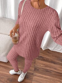 SHEIN Frenchy 落肩羅紋針織上衣與內搭褲兩件套，紋理面料，冬季休閒，春季適用 - 藕粉色 - 查看 6