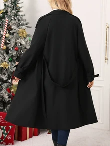 Editum 女款純色休閒百搭日常長袖風衣外套，聖誕新年造型秋季服飾 - 黑色 - 查看 3