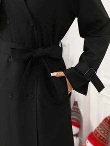 Editum 女款純色休閒百搭日常長袖風衣外套，聖誕新年造型秋季服飾 - 黑色 - 查看 8