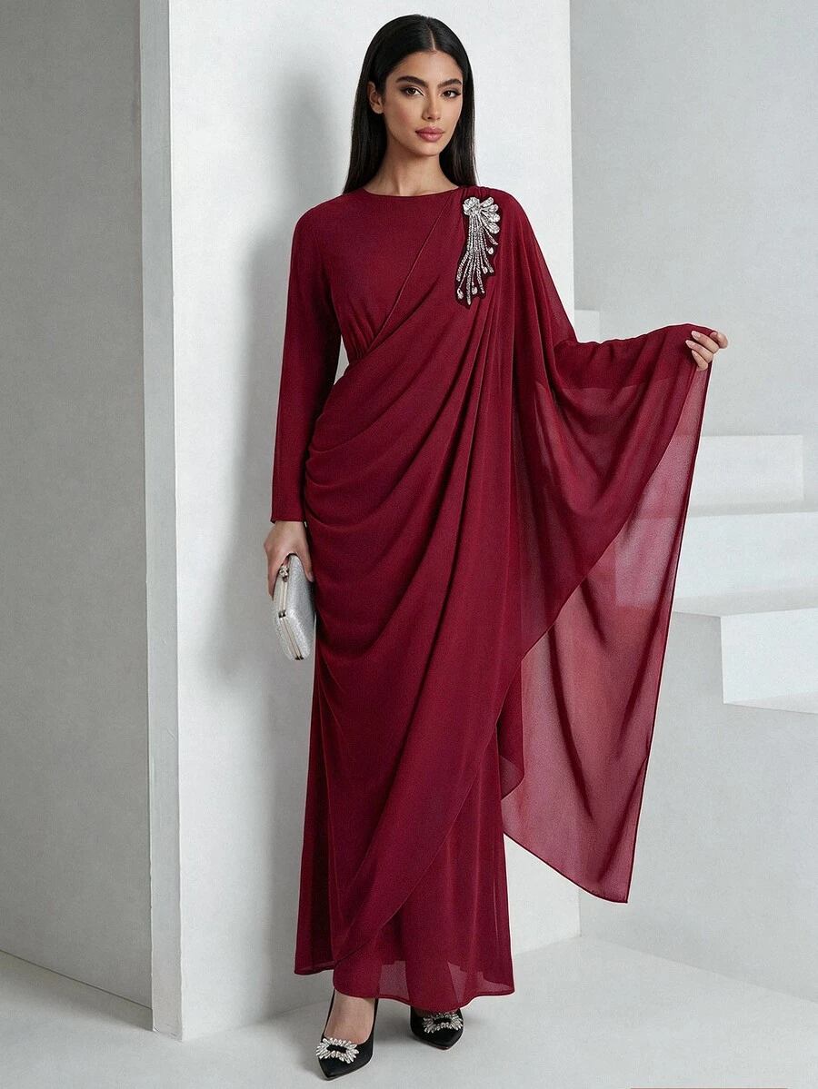 Veilorie Women's Elegant Rhinestone Decor Asymmetrical Sleeve Ruched Waist Arabic Style Dress - Burgundy - View 1