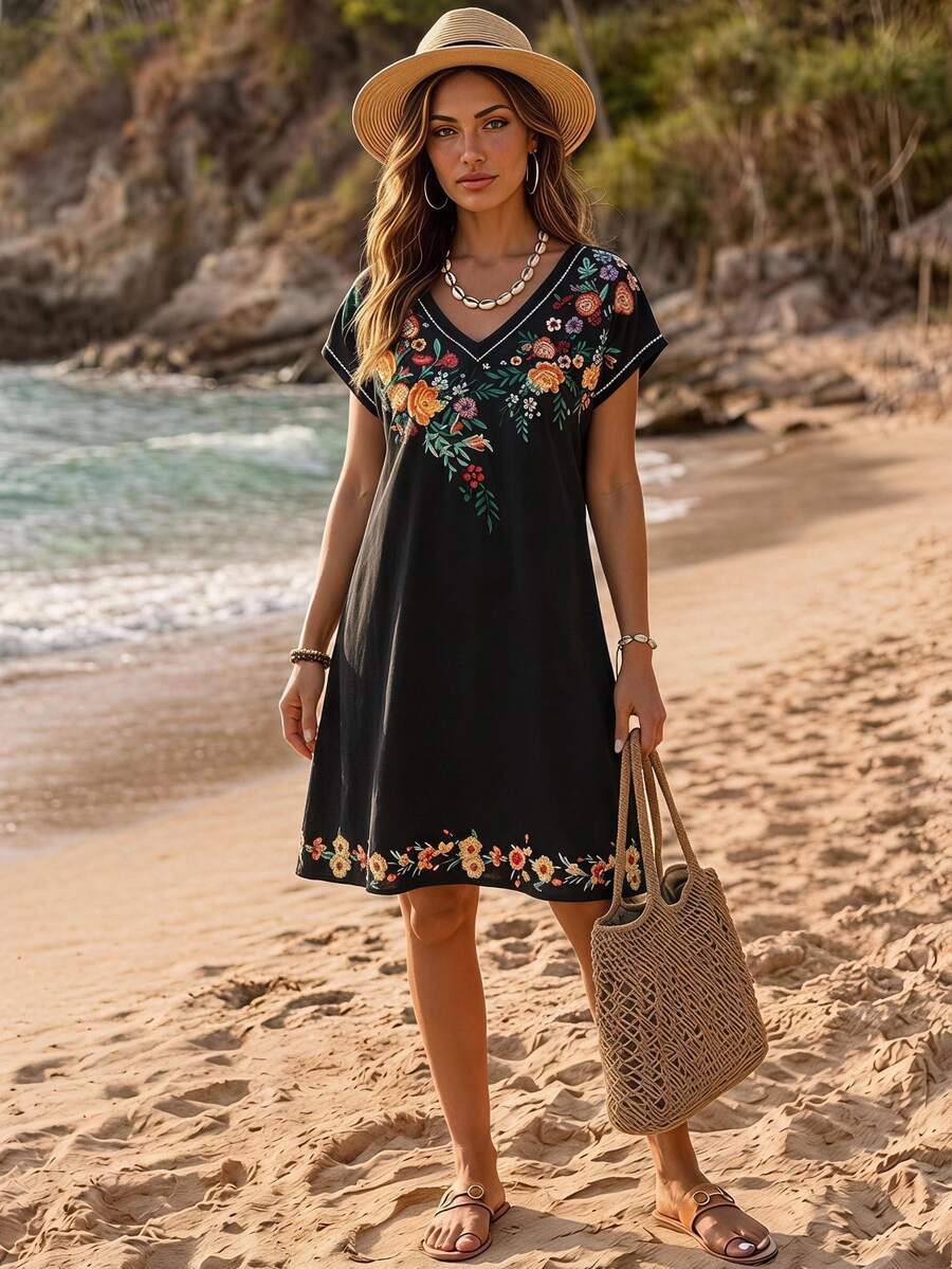 Sylviya Summer Island Beach Vacation Collar Printed Blue Short Sleeve Women's Dress,Vacation