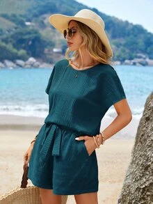 Sylviya Women's Fashion Solid Color Short Sleeve Top And Shorts Set, Going Out Outfit - Teal Blue - View 3