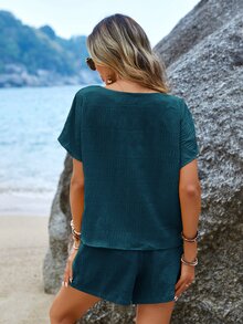 Sylviya Women's Fashion Solid Color Short Sleeve Top And Shorts Set, Going Out Outfit - Teal Blue - View 2