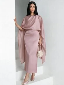 Veilorie 女士纯色网纱披肩装饰优雅束腰派对阿拉伯连衣裙 - 粉色 - 查看 2